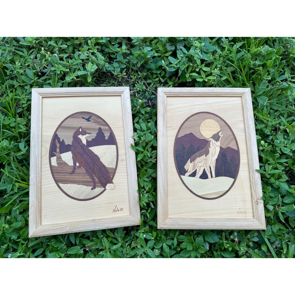 Nelson Wood Marquetry Art Set Wolf Howling Moon Fox Wildlife Inlay Framed 2pc